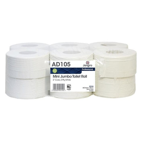 Jangro Premium Mini Jumbo Toilet Roll – 200M, 3" core, 2 ply, packaged in a stack.