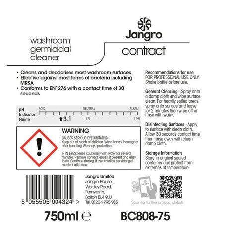 Jangro Contract Germicidal Washroom Cleaner – usage instructions and safety information label.