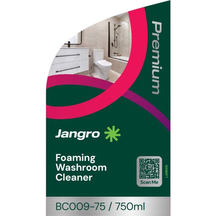 Jangro Premium Foaming Washroom Cleaner 750ml – product packaging with cleaning instructions.