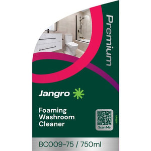 Jangro Premium Foaming Washroom Cleaner 750ml – product packaging with cleaning instructions.