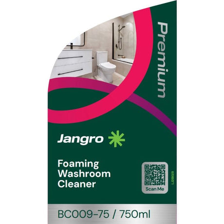 Jangro Premium Foaming Washroom Cleaner 750ml – product packaging with cleaning instructions.