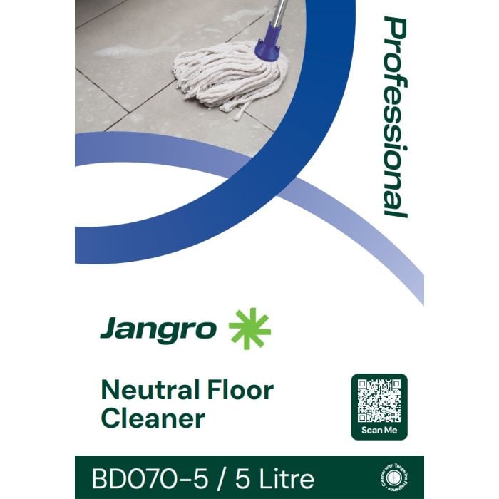 Jangro Neutral Floor Cleaner 5L – product label with usage information and QR code.