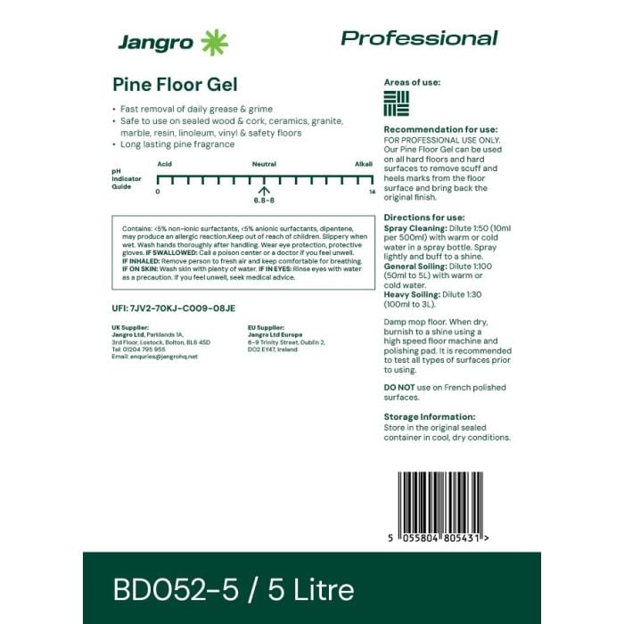 Jangro Pine Floor Gel 5L – usage instructions and safety information label.