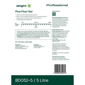 Jangro Pine Floor Gel 5L – usage instructions and safety information label.