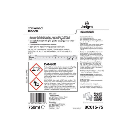 Jangro Thick Bleach 750ml – safety and usage information label.