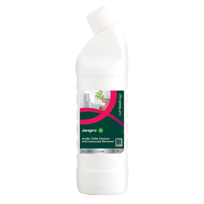 Jangro Acidic Toilet Cleaner & Limescale Remover 1L – product packaging with usage details.
