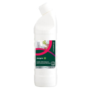Jangro Acidic Toilet Cleaner & Limescale Remover 1L – product packaging with usage details.