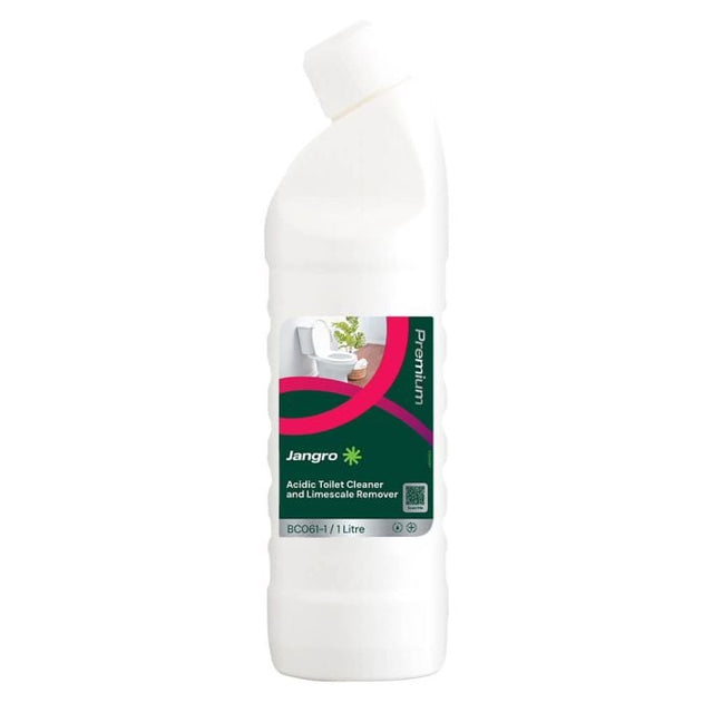 Jangro Acidic Toilet Cleaner & Limescale Remover 1L – product packaging with usage details.