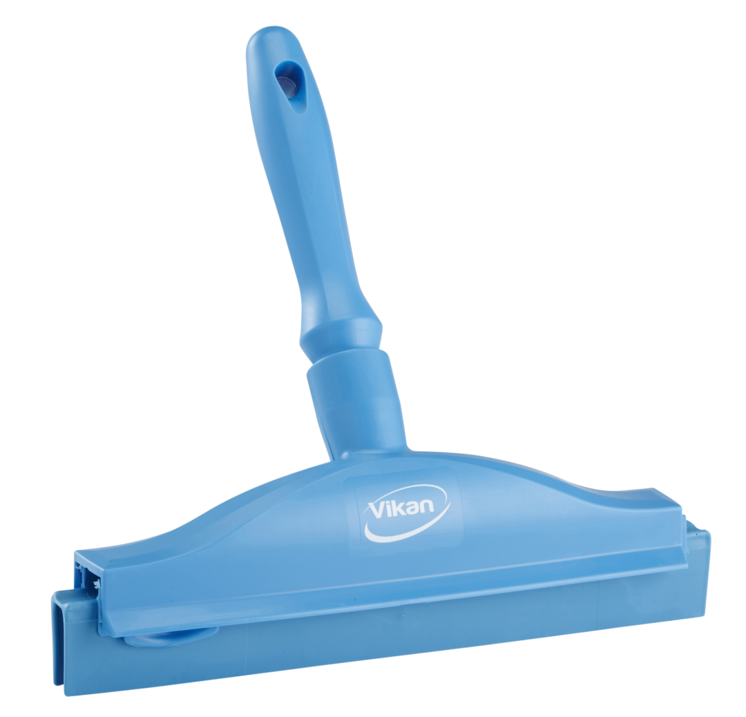 Vikan Hand Squeegee 250mm Blue - Double-blade hygienic squeegee for cleaning surfaces.