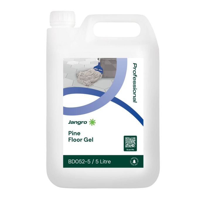 Jangro Pine Floor Gel 5L – cleaning product packaging with usage details.