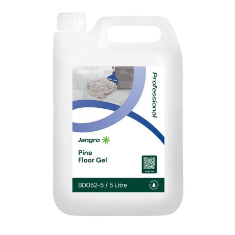 Jangro Pine Floor Gel 5L – cleaning product packaging with usage details.