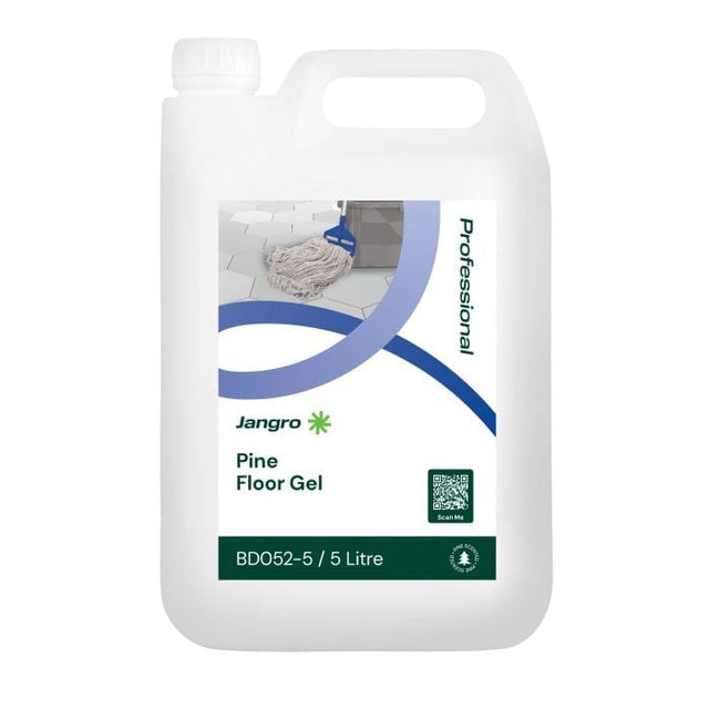 Jangro Pine Floor Gel 5L – cleaning product packaging with usage details.