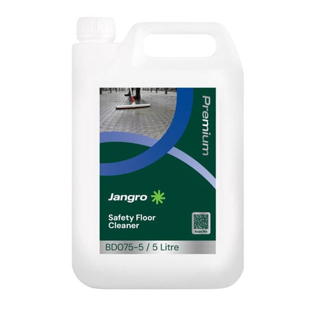 Jangro Premium Safety Floor Cleaner 5L – product packaging with usage information.