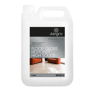 Jangro Premium Floor Gloss Restorer High Solids 5L bottle for enhancing floor finishes.