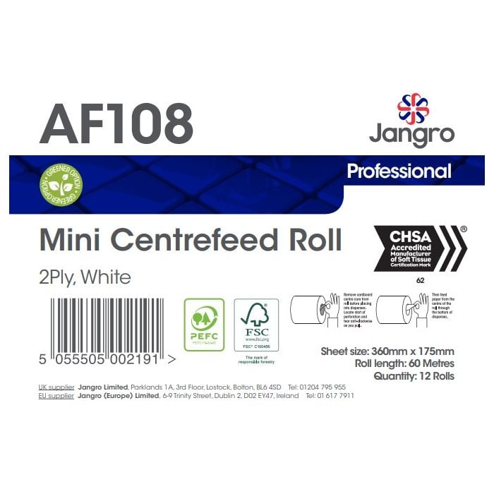 Jangro Mini Centrefeed Roll – packaging label with product details and specifications.