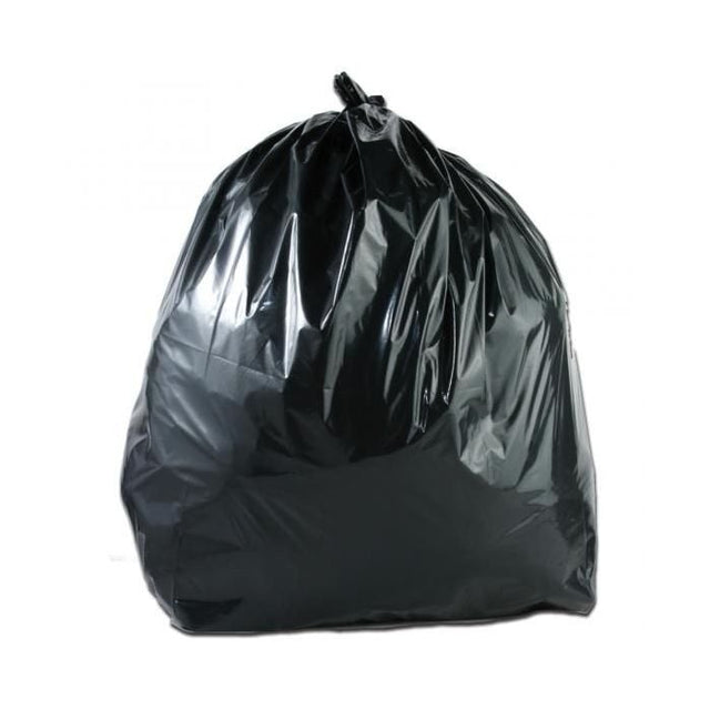 Black refuse sack, 18x33x38 inches, 200 count, 15kg capacity.
