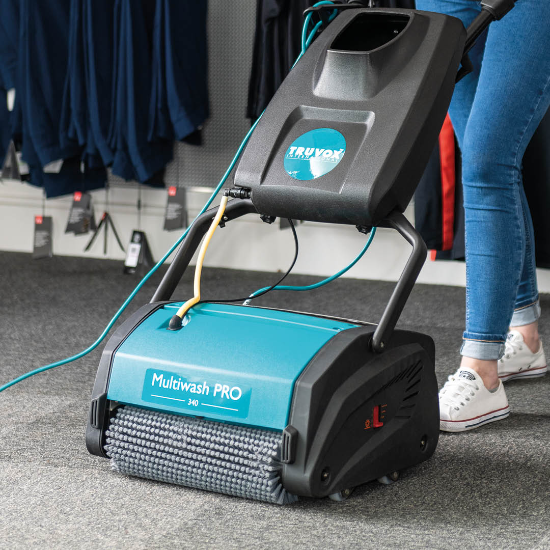 Truvox Multiwash MW340 Scrubber Dryer – compact cleaning machine with a blue and black design.
