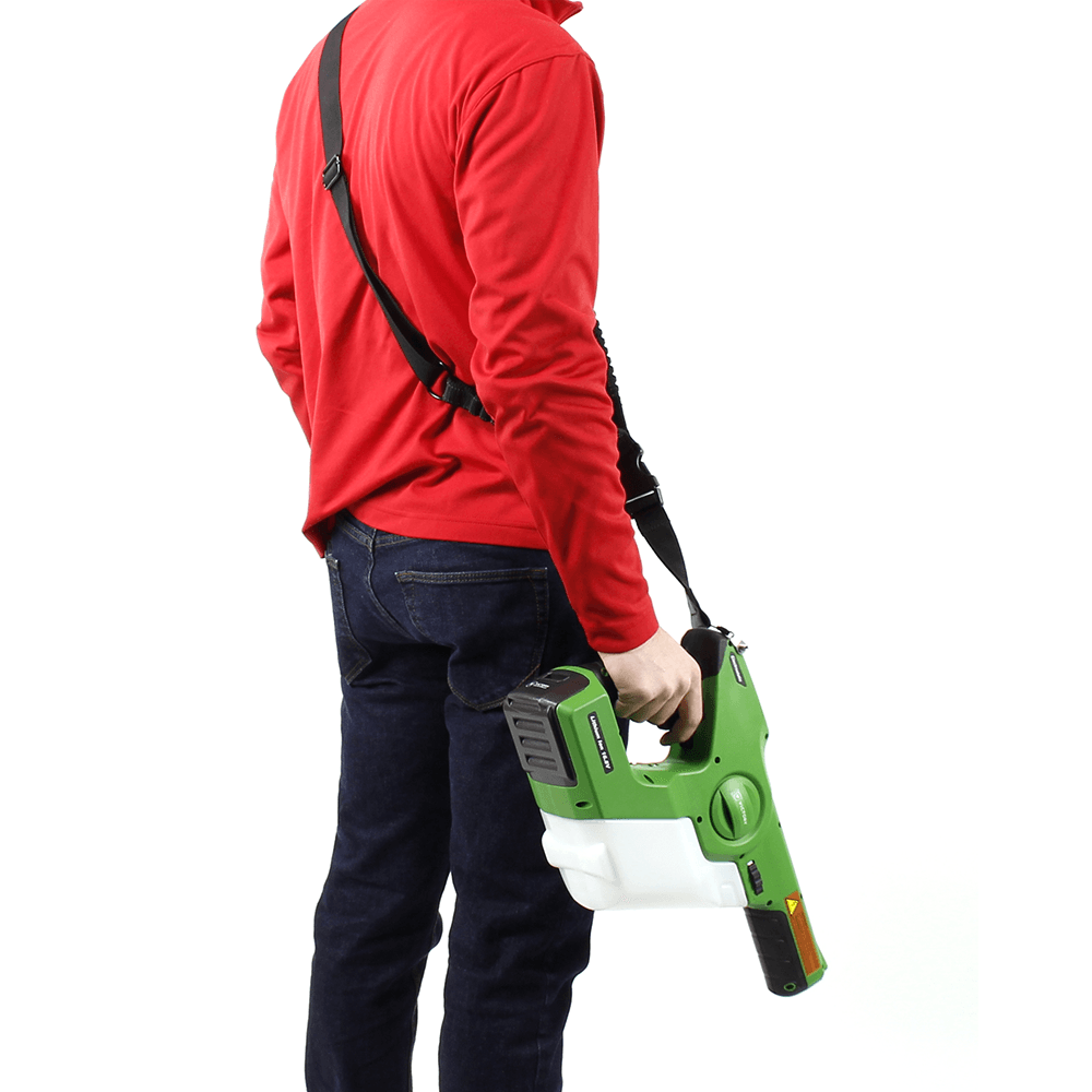 Victory Electrostatic Sprayer Gun Pro – user holding the device with a shoulder strap.