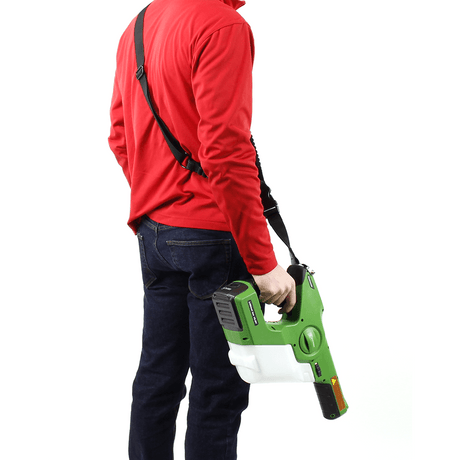 Victory Electrostatic Sprayer Gun Pro – user holding the device with a shoulder strap.