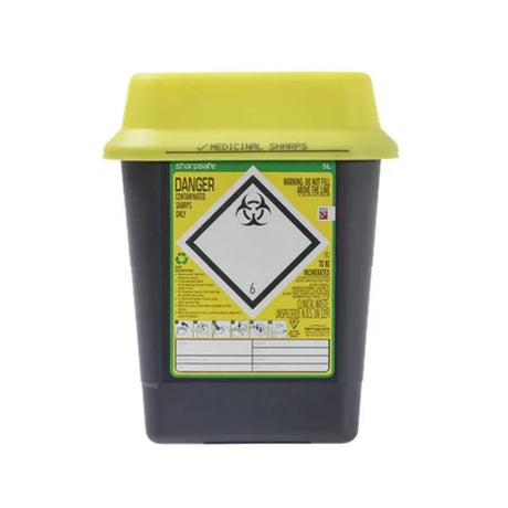 Steroplast Sharps Bin 5L – biohazard waste disposal container with warning label.