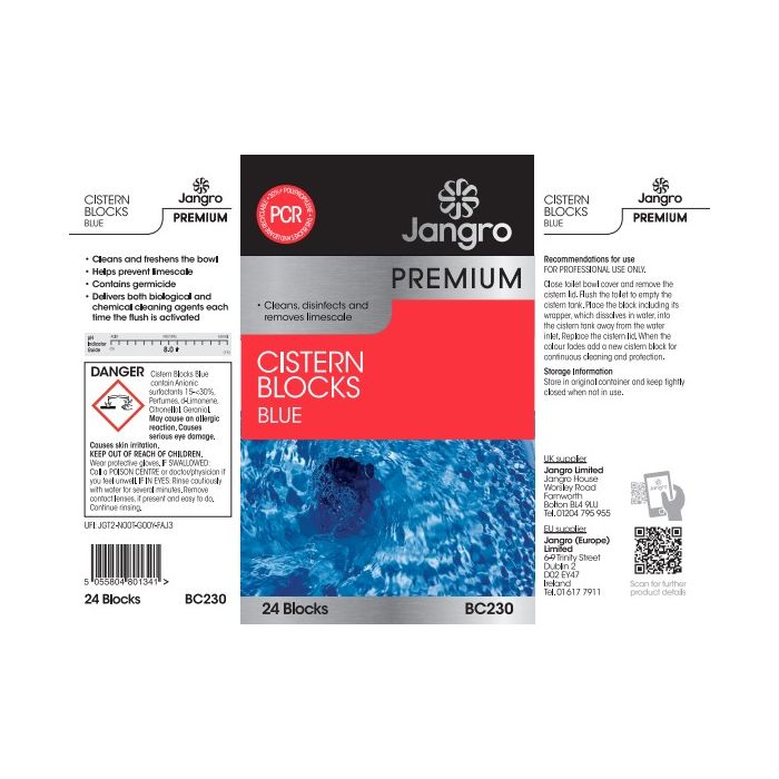 Jangro Premium Cistern Blocks – packaging with usage instructions and safety information.