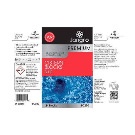 Jangro Premium Cistern Blocks – packaging with usage instructions and safety information.