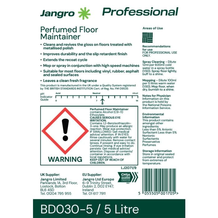 Jangro Perfumed Floor Maintainer 5L – safety and usage instructions label.