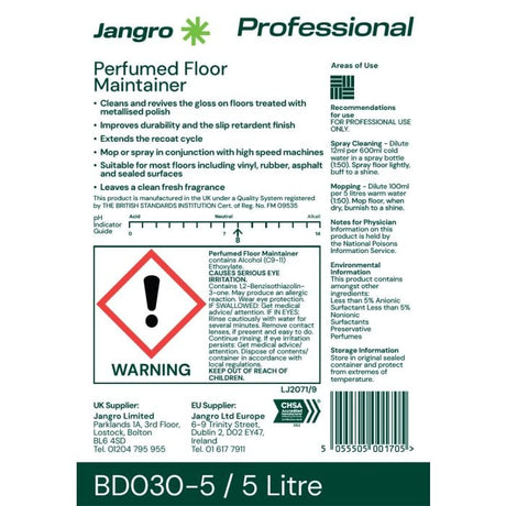 Jangro Perfumed Floor Maintainer 5L – safety and usage instructions label.