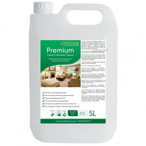 Amtech Premium Carpet & Upholstery Cleaner 5L – product packaging with usage instructions and benefits.