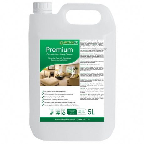 Amtech Premium Carpet & Upholstery Cleaner 5L – product packaging with usage instructions and benefits.