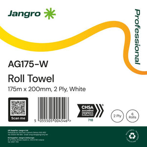 Jangro Roll Towel AG175-W – 2 Ply, 175m x 200mm, white, packaging details.