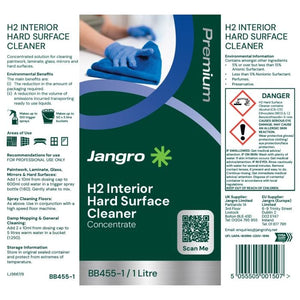 Jangro H2 Interior Hard Surface Cleaner – product label with usage instructions and safety information.