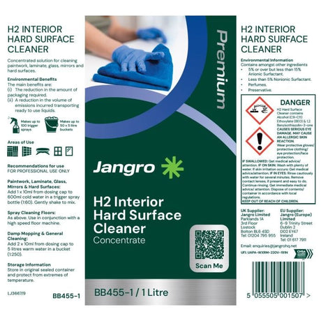 Jangro H2 Interior Hard Surface Cleaner – product label with usage instructions and safety information.