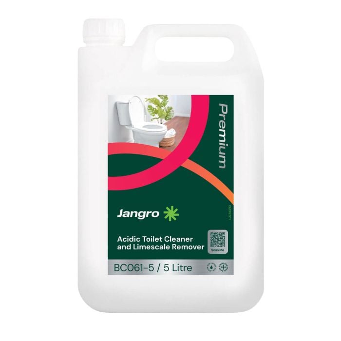 Jangro Acidic Toilet Cleaner & Limescale Remover 5L – product packaging with usage information.