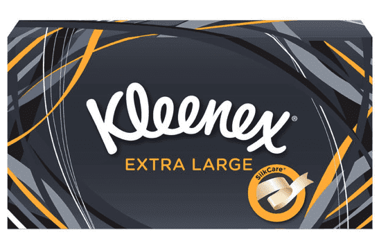 Kleenex Extra Large Facial Tissues box featuring a sleek black design with orange accents.