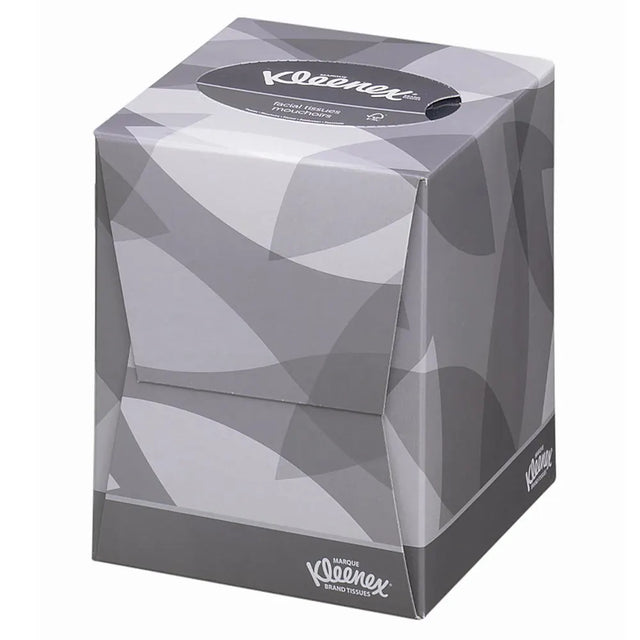 Kleenex Cube Facial Tissues – stylish gray packaging with 90 sheets.