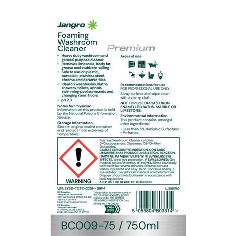 Jangro Premium Foaming Washroom Cleaner – safety and usage instructions label.