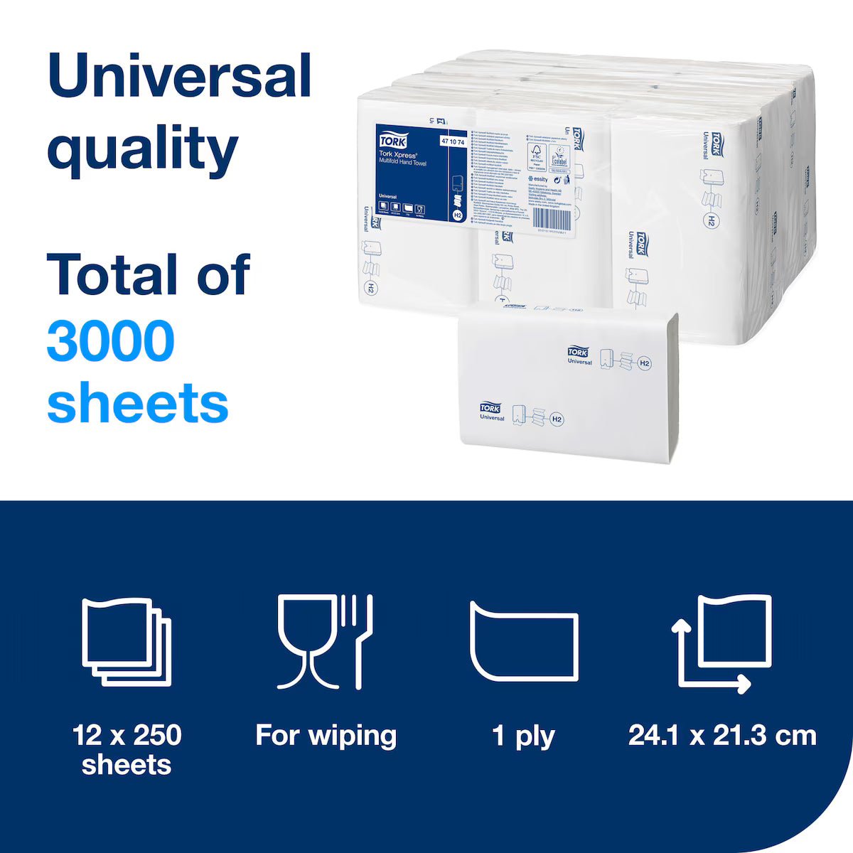 Tork Xpress Multifold Hand Towels - 3000 sheets, 1 ply, for wiping.