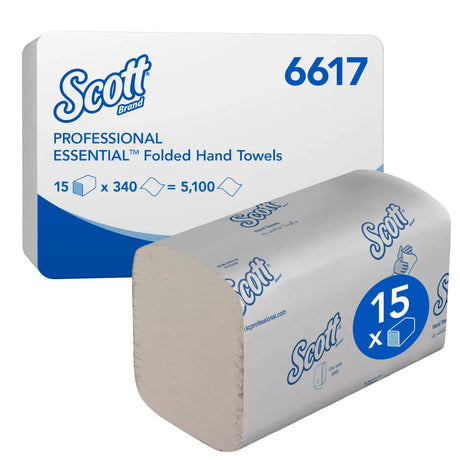 Scott Essential Interfold Hand Towels – packaging showing 15 packs of 340 towels each.