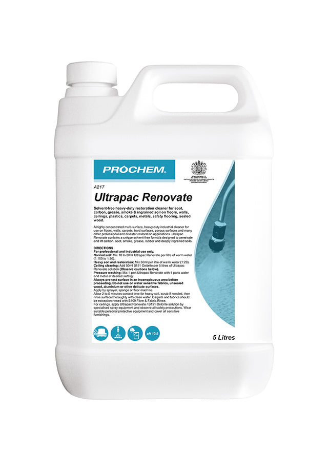 Prochem Ultrapac Renovate 5L – heavy-duty cleaner for fire and smoke damage restoration.