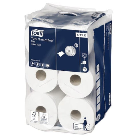 Tork SmartOne Mini Toilet Roll packaging featuring 12 rolls of 2-ply toilet paper.