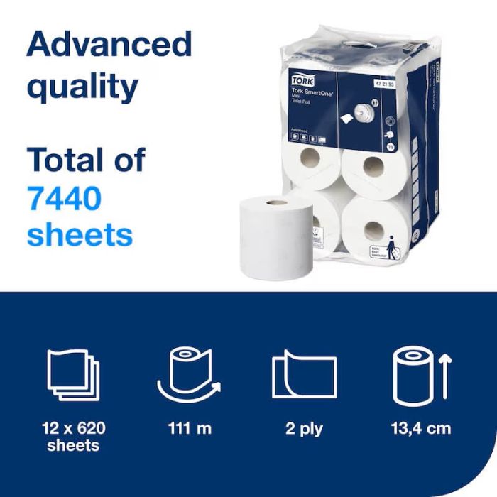 Tork SmartOne Mini Toilet Roll 2 Ply – packaging with product details and specifications.
