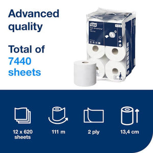 Tork SmartOne Mini Toilet Roll 2 Ply – packaging with product details and specifications.