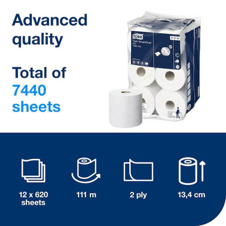 Tork SmartOne Mini Toilet Roll 2 Ply – packaging with product details and specifications.