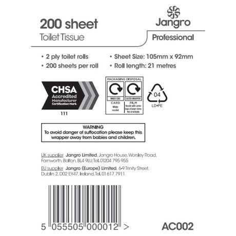 Jangro Toilet Roll 2 Ply 200 Sheets – product information and safety warning label.