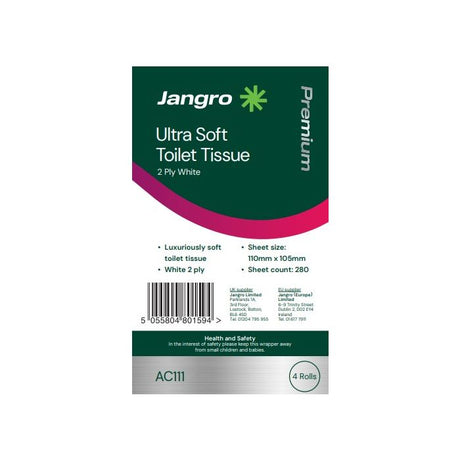 Jangro Premium Ultra Soft Toilet Tissue packaging with product details and specifications.