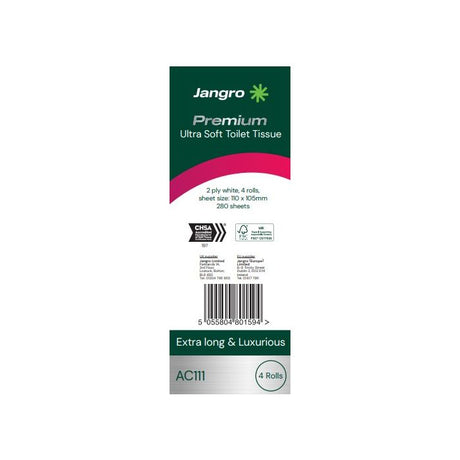 Jangro Premium Ultra Soft Toilet Tissue packaging – 2 ply, 4 rolls, 280 sheets each.