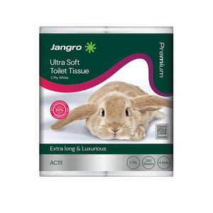 Jangro Premium Ultra Soft Toilet Tissue packaging featuring a rabbit image and product details.