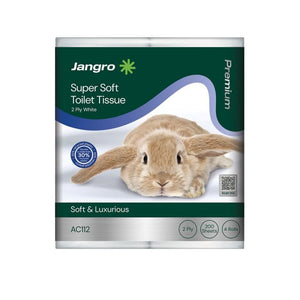 Jangro Premium Super Soft Toilet Tissue packaging featuring a rabbit image and product details.