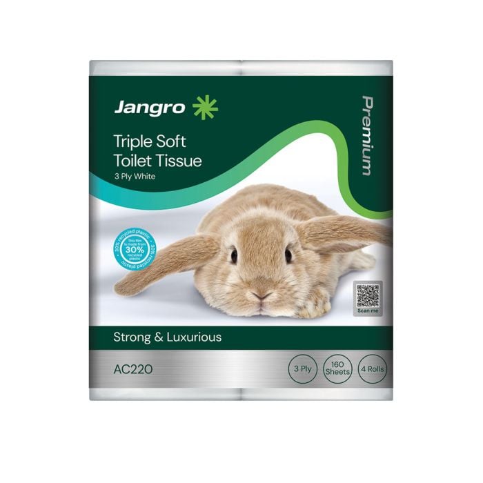 Jangro Premium Triple Soft Toilet Tissue packaging featuring a rabbit image and product details.